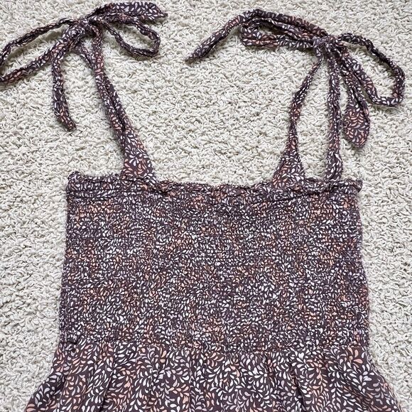 AERIE All Day Smocked Mini Dress Tie Strap Ruffle Lined Brown Orange size XSmall - Picture 4 of 11